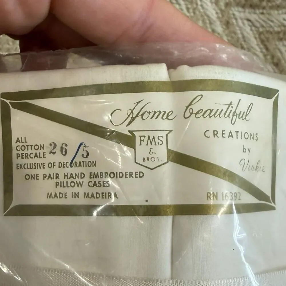 Vintage Madeira Hand Embroidered Pillowcases White Cotton Percale Floral NEW